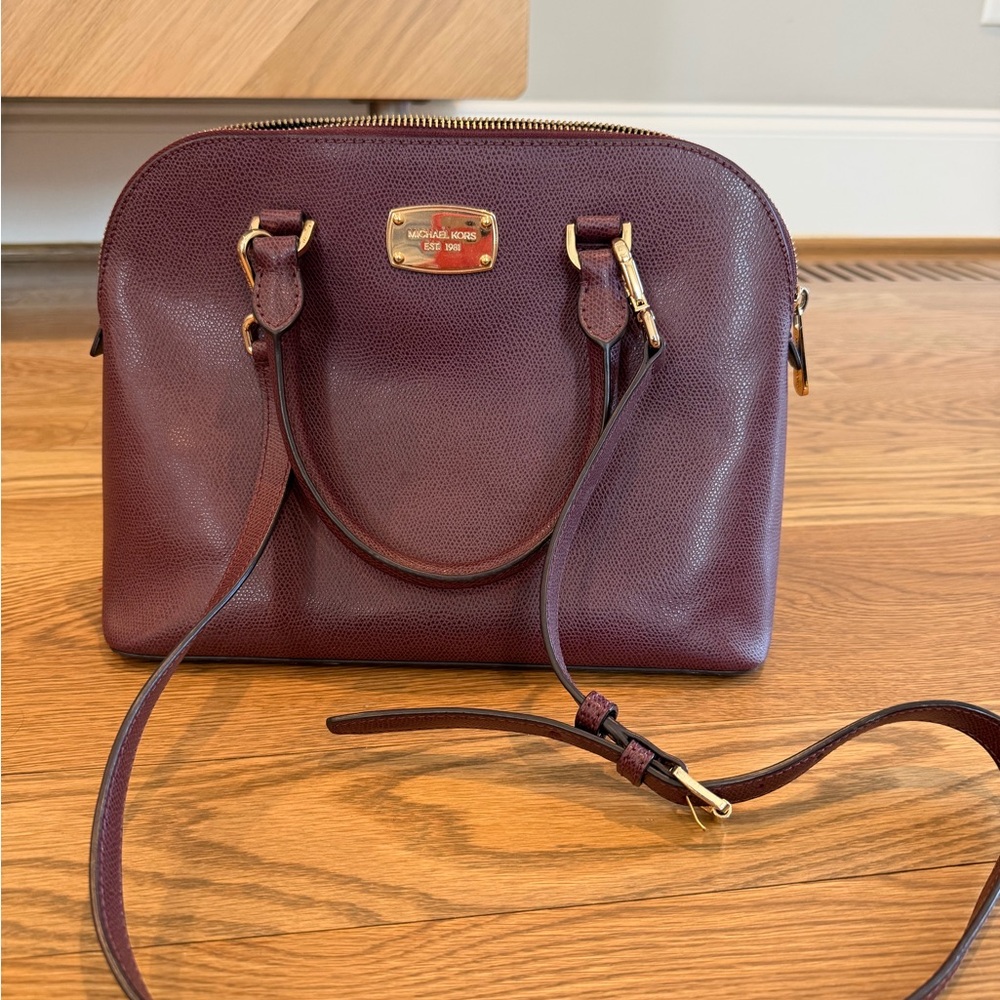 Michael Kors Wine Leather Dome Satchel with Gold Hardware
